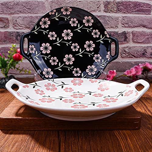 Set Of 2 Dinner Plate Set With Binaural Handles, Japanese Cherry Blossom Porcelain Dinner Plates, Sakura Plates, Black And White Dessert Plates, Salad Plates #TOP5