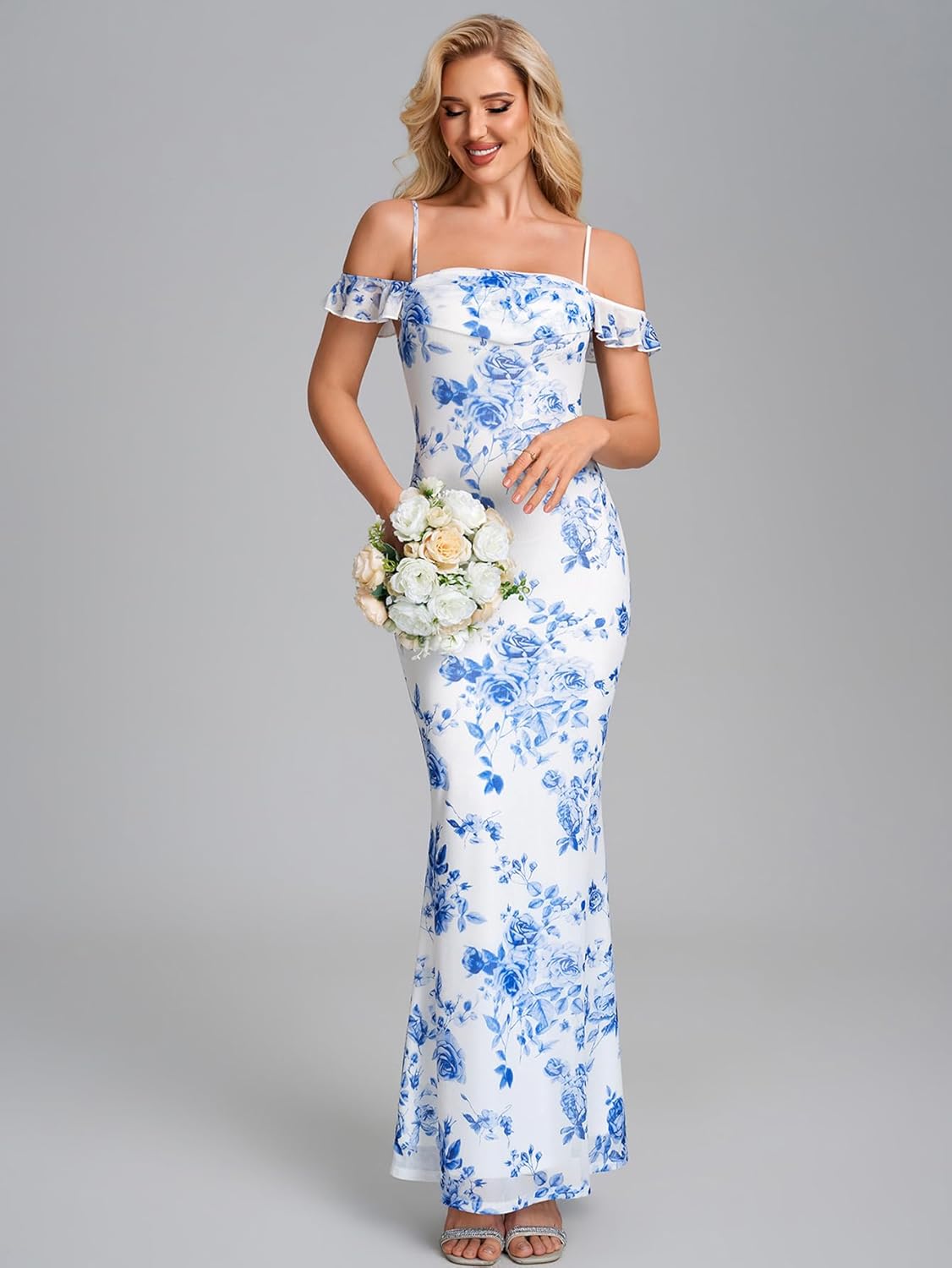 Summer Floral Bodycon Long Formal Wedding Guest Dresses for Women Elegant Off The Shoulder Ruched Cocktail Party Maxi Dress