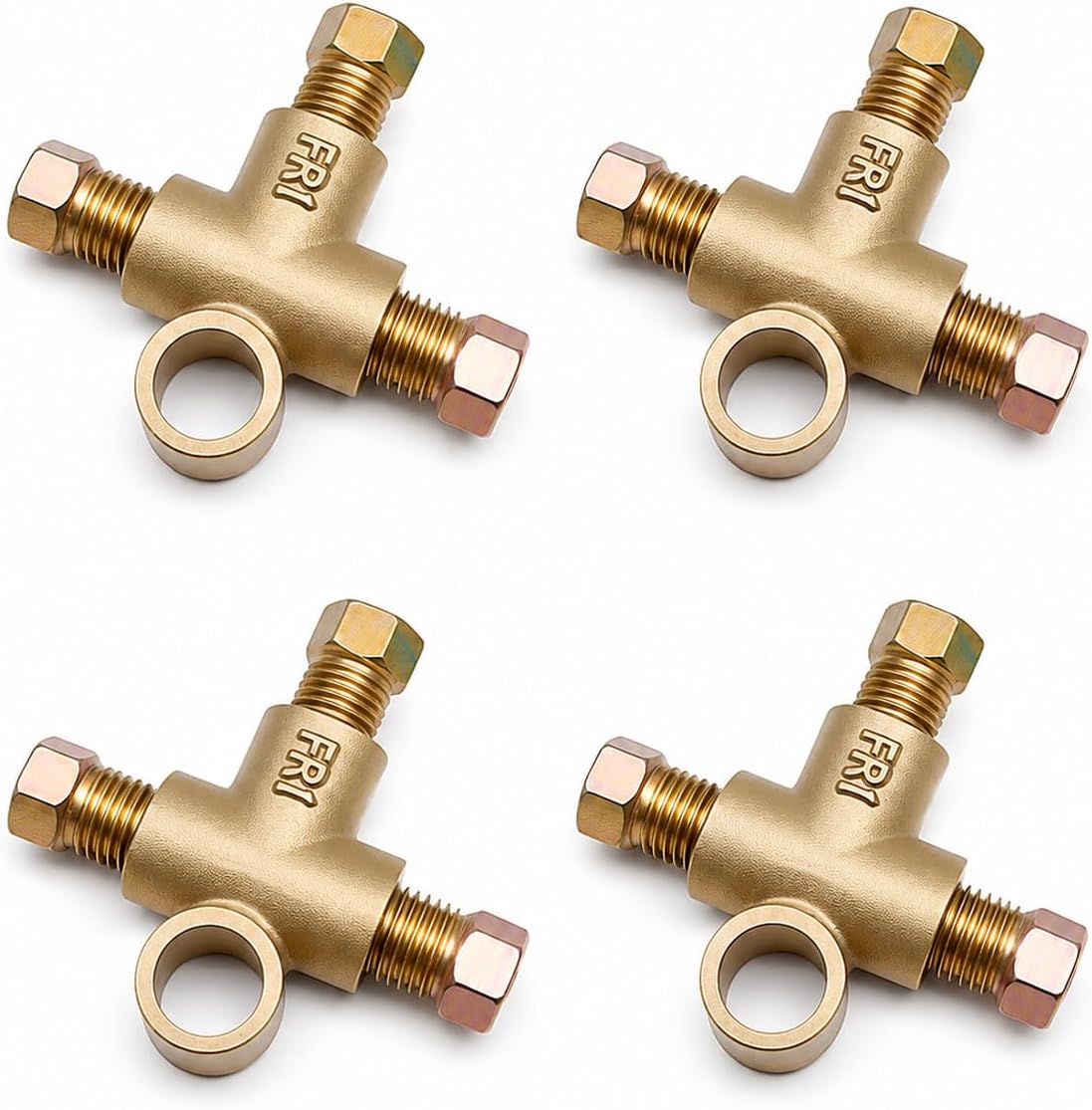 4 Pack 3-Way T-Shape Brake Line Tee with M10 x 1.0 Nuts, 3/16 in Tube | Inverted flare brass connector for 3/16 in tubing; includes 4 tees and 12 M10 nuts for brake, fuel and hydraulic lines