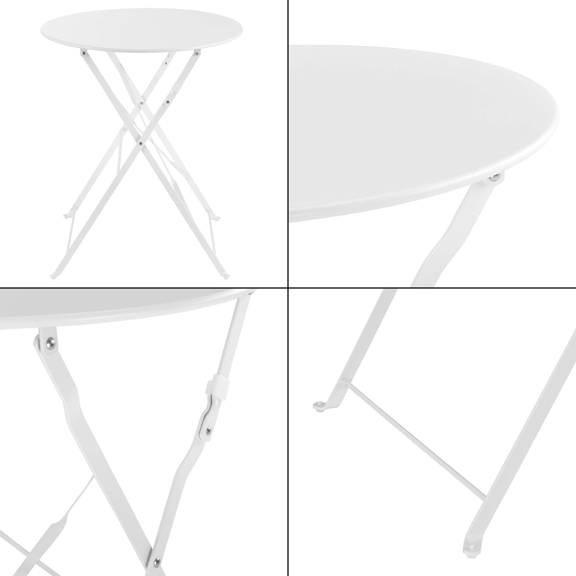[en.casa] Conjunto Mesa y Sillas Jardín Caprile Juego de Bistró 3 Piezas Mesa de Centro con 2 Sillas Plegables para Terraza Balcón Patio 71 x 60 cm Acero - Blanco