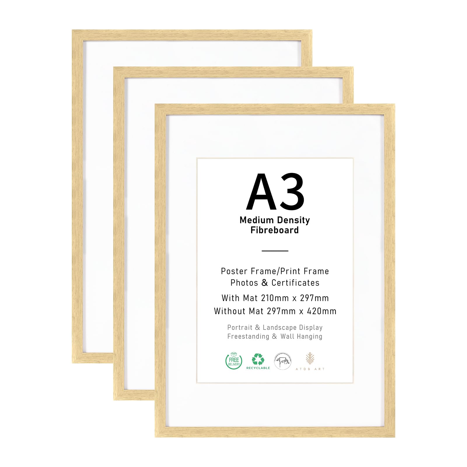 A3 Picture Frame 3 Pack: Versatile Display for A4 Photos with Matting, Natural Medium Density Fiberboard for Wall or Tabletop Use — image 1