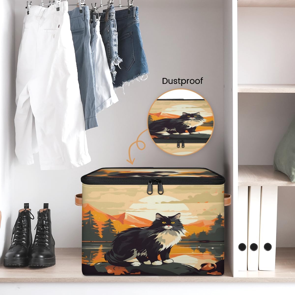 Storage Bin Set of 2 Black Cat Storage Basket with Zipper Lid & Handle Foldable Closet Shelf 2 Pack Cloth Organizer Basket Cube Bins Clothes Organizer for Bedroom, Nursery