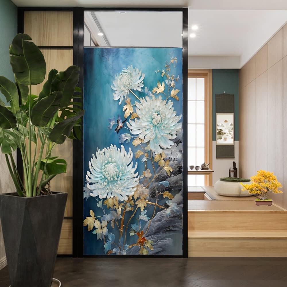 Beautiful Wildflower Privacy Window Film Natural Flower Leaf Butterfly Stained Glass Window Coverings Adhesive Sticker Frosted Window Film for Home Office Stores 35.4Wx63L inch