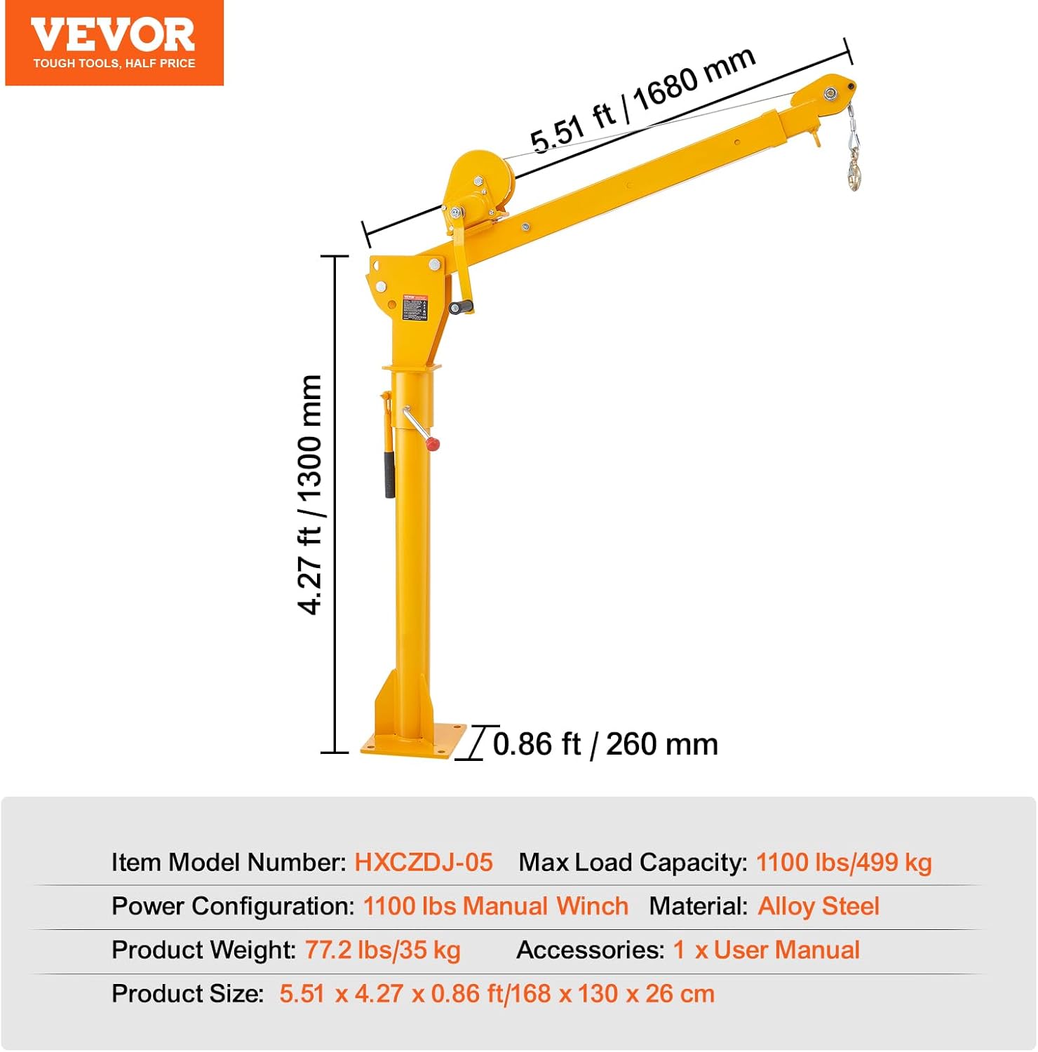 VEVOR Pickup Truck Crane with 1100 lbs Manual Winch, Folding Truck-Mounted Bed Crane, Steel Pickup Truck Jib Crane Hoist 360° Swivel for Lifting Goods in Construction, Factory