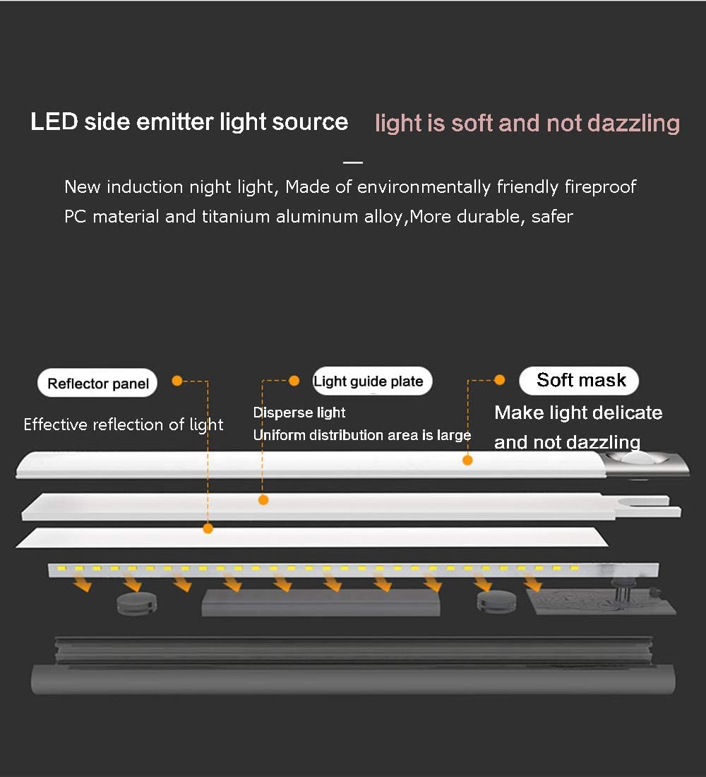 Illuminazione a LED per armadietti, 80 cm, ricaricabile, con sensore di movimento, luce LED per armadio, senza fili, temperatura del colore regolabile, barra luminosa notturna per armadio, cucina