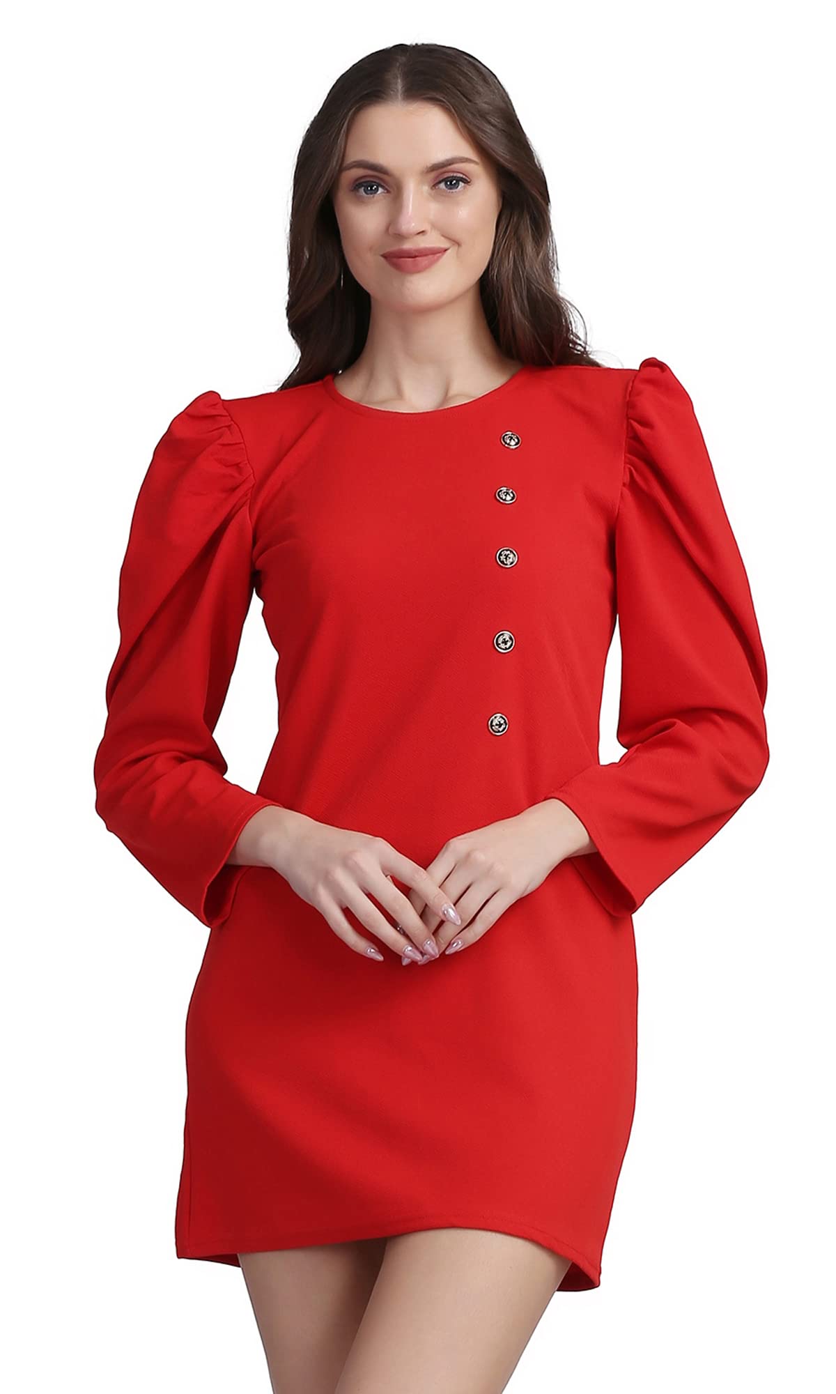 Shasmi Women's Comfortable Red Round Neck Full Sleeve Solid Midi Bodycon Casual Western Stylish Dress For Womens/Midi Dress For Girls (Shree Midi 13 Red S)