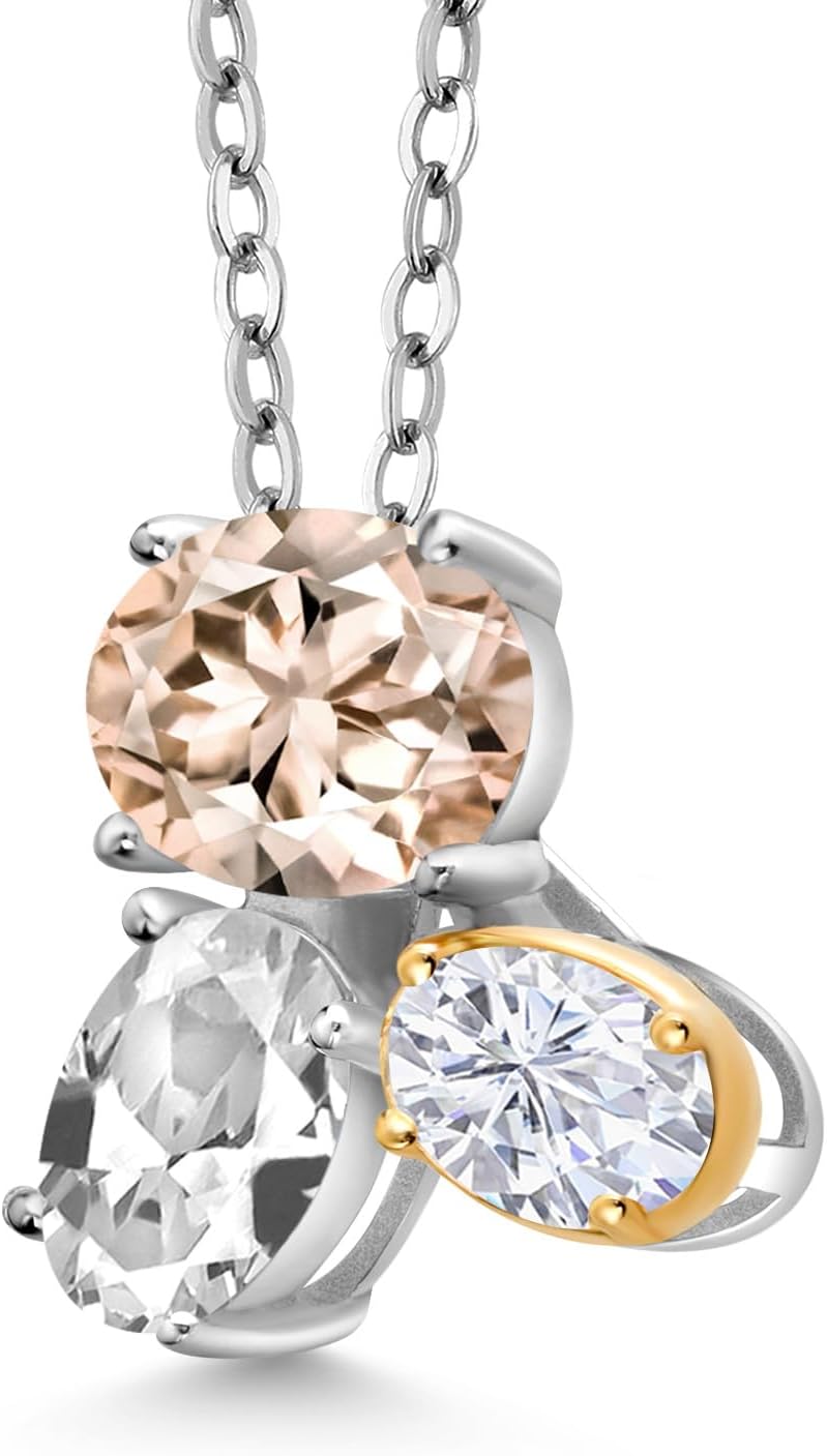 925 Silver and 10K Yellow Gold Peach Morganite White Created Sapphire and White Moissanite Pendant Necklace For Women (2.50 Cttw, Oval 8X6MM, 7X5MM and 6X4MM, October Birthstone, with 18 Inch Chain) - Image 2