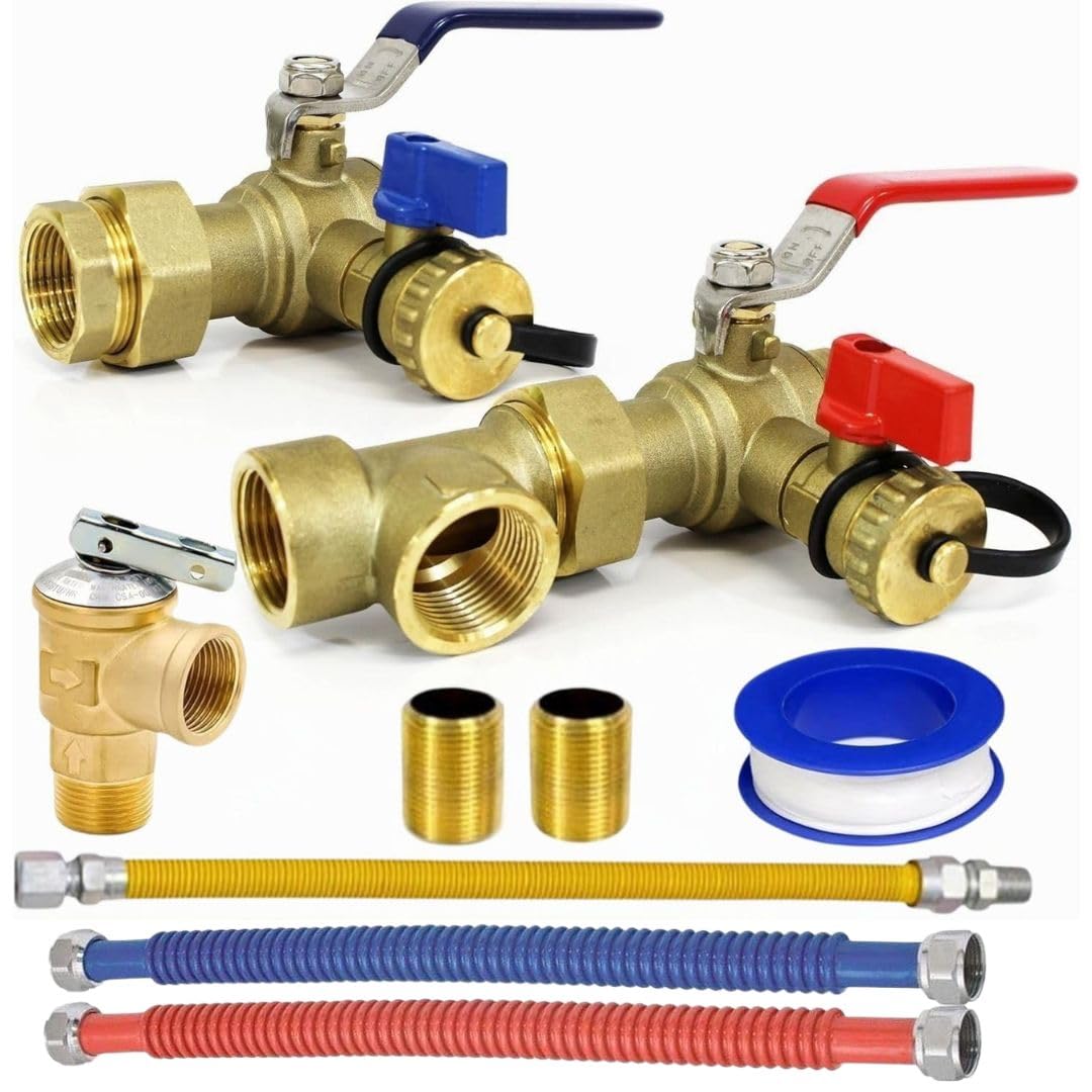CMI Inc - 3/4 Inch IPS Female Threaded Complete Tankless Water Heater Valve Kit with Pressure Relief Valve Water and Gas Connectors - Compatible with Most Tankless Water Heater Brands