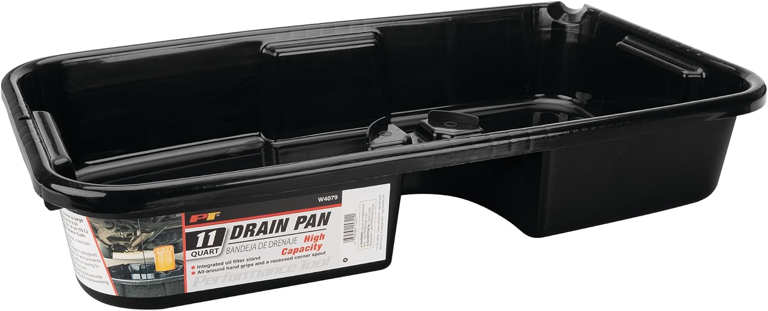 Performance Tool W4079 11-Quart Oil Drain Pan, Chemical-Resistant, Oil Filter Stand, Black
