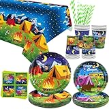 LSJDEER Camping Party Supplies - Camping Party Tableware - Dinner Plates Desserts Plates Cups Napkins Tablecover Straws for Boy Camper Campfire Forest Picnic Adventure Party Supplies, Serves 20 (20)