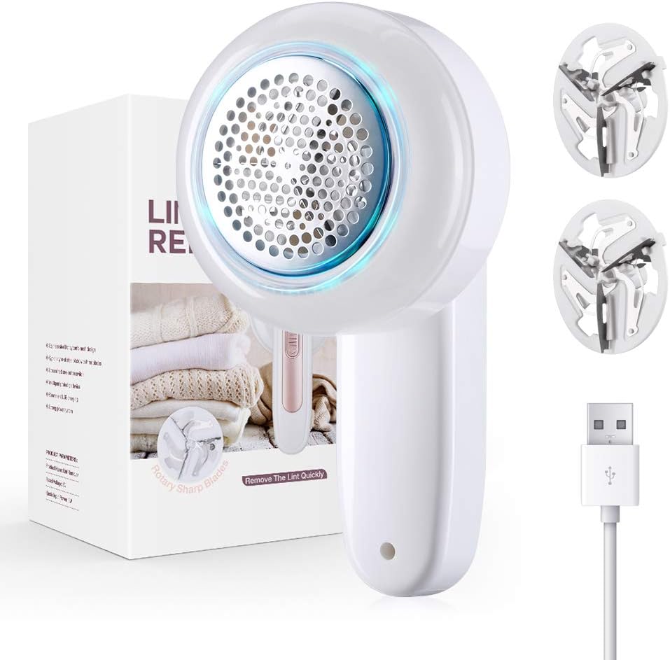 Lint Remover, Fabric Lint Shaver with USB Cord & 3 Rotating Blades, Portable Rechargeable Bobble Fluff Remover, Electric Clothes Brush Debobbler for Overcoat, Sweater, and Fabric Furniture