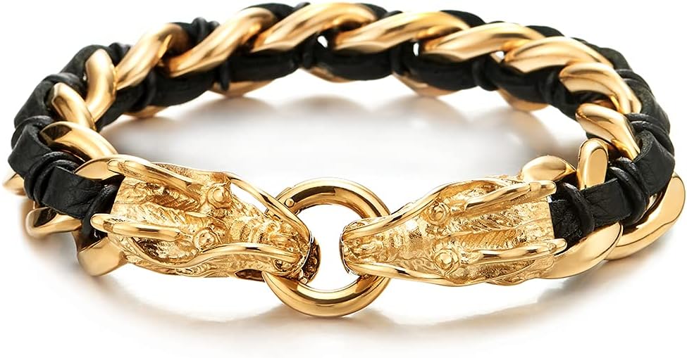 COOLSTEELANDBEYOND Stainless Steel Mens Dragon Curb Chain Bracelet Interwoven with Genuine Leather Strap