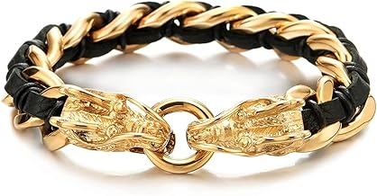 COOLSTEELANDBEYOND Gold Colour Dragon Stainless Steel Bracelet and Curb Chain – Men's Interwoven Leather Bracelet Black Stripes Leather