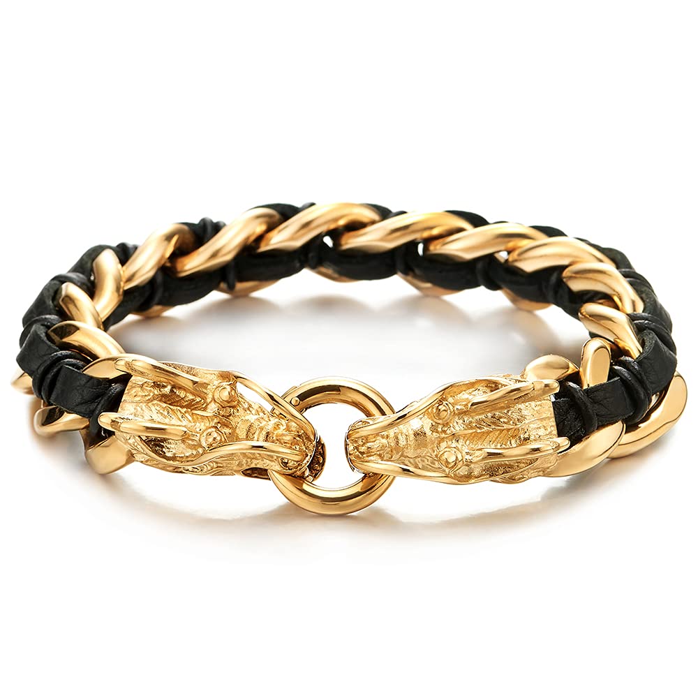 COOLSTEELANDBEYONDColor Oro Brazalete del Dragón, Pulsera de Hombre, Cadena Barbada, Acero, Tiras Cuero Mixtos, Cuero Genuino Negro