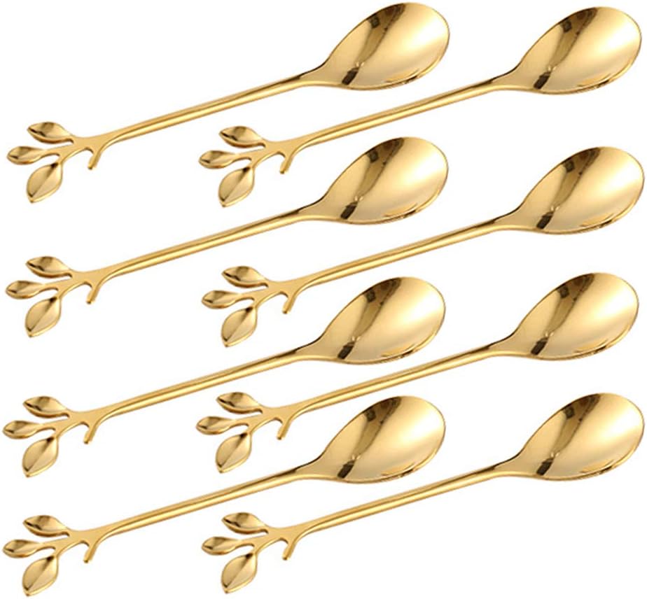 Gold Leaf Coffee Spoon Set of 8, 4.7 Inches Retro Dessert Espresso Spoons Cutlery Kitchen Tableware