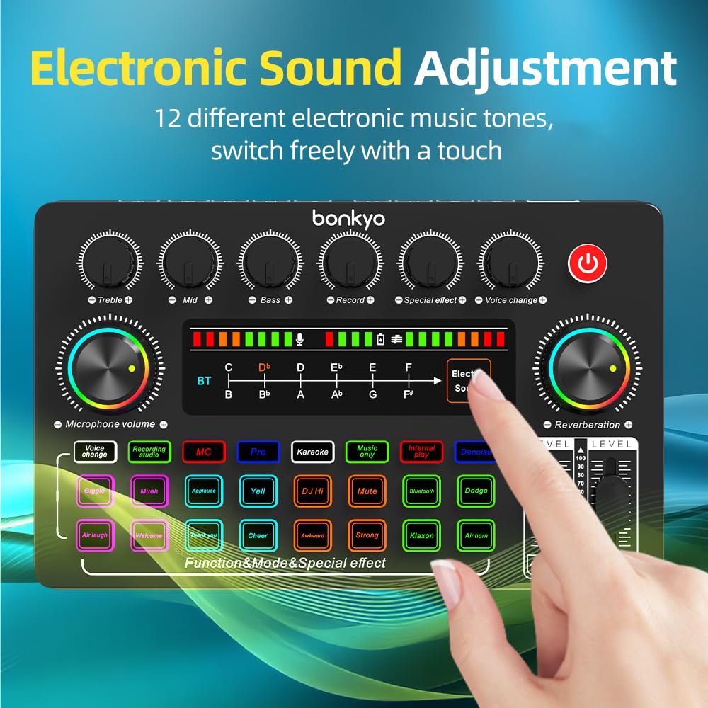 F999X Carte son en direct, mixeur audio professionnel et réduction du bruit, réglage électronique de la musique et affichage de la batterie, interface audio et changeur de voix, effets RVB, mixeur DJ
