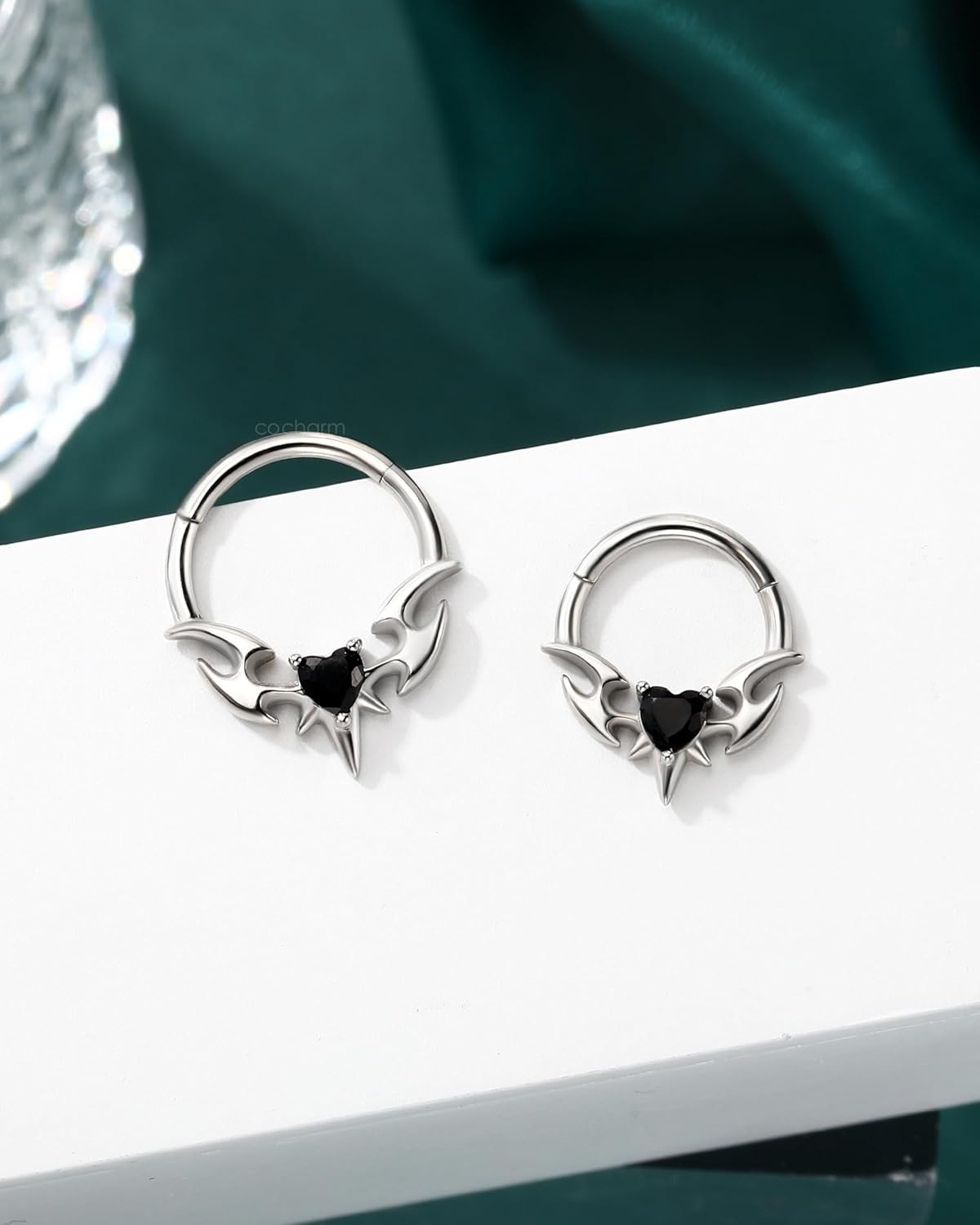 COCHARM Wings of the Obsidian Heart Septum Rings 16G Septum Jewelry Surgical Steel Helix Daith Earrings for Women Men Daith Piercing Jewelry 8/10MM - Image 4