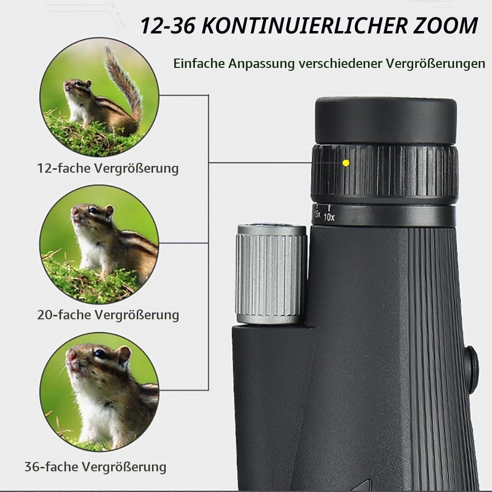 Monokular Teleskop 12-36X60 ED Zoom Monokulare（24MM Okular + 60MM Objektivund） Wasserdicht mit BAK4 Prisma & FMC Linse with Adapter and Tripod für Klettern Ballspiele Wildtierbeobachtung