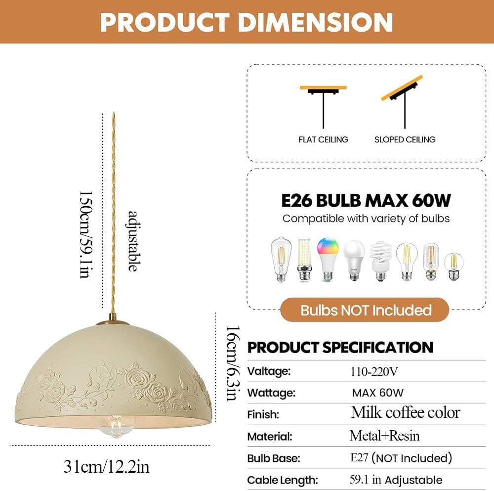 12.2" Farmhouse Retro Wabi Sabi Lighting 1-Light Beige Dome Resin Loft Bar Ceiling Hanging Lamp Kitchen Island Dining Room Bedroom Chandelier