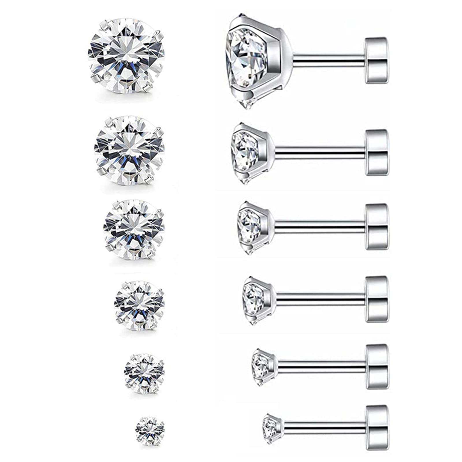 Stud Earrings 6 Pairs Hoop Earrings Set Women Girls, Stainless Steel Piercing Jewelry 6 Size AAA Zircon With Round Cake Ear Stud Earrings 4-Claw Grab Zircon Ear Bone Stud