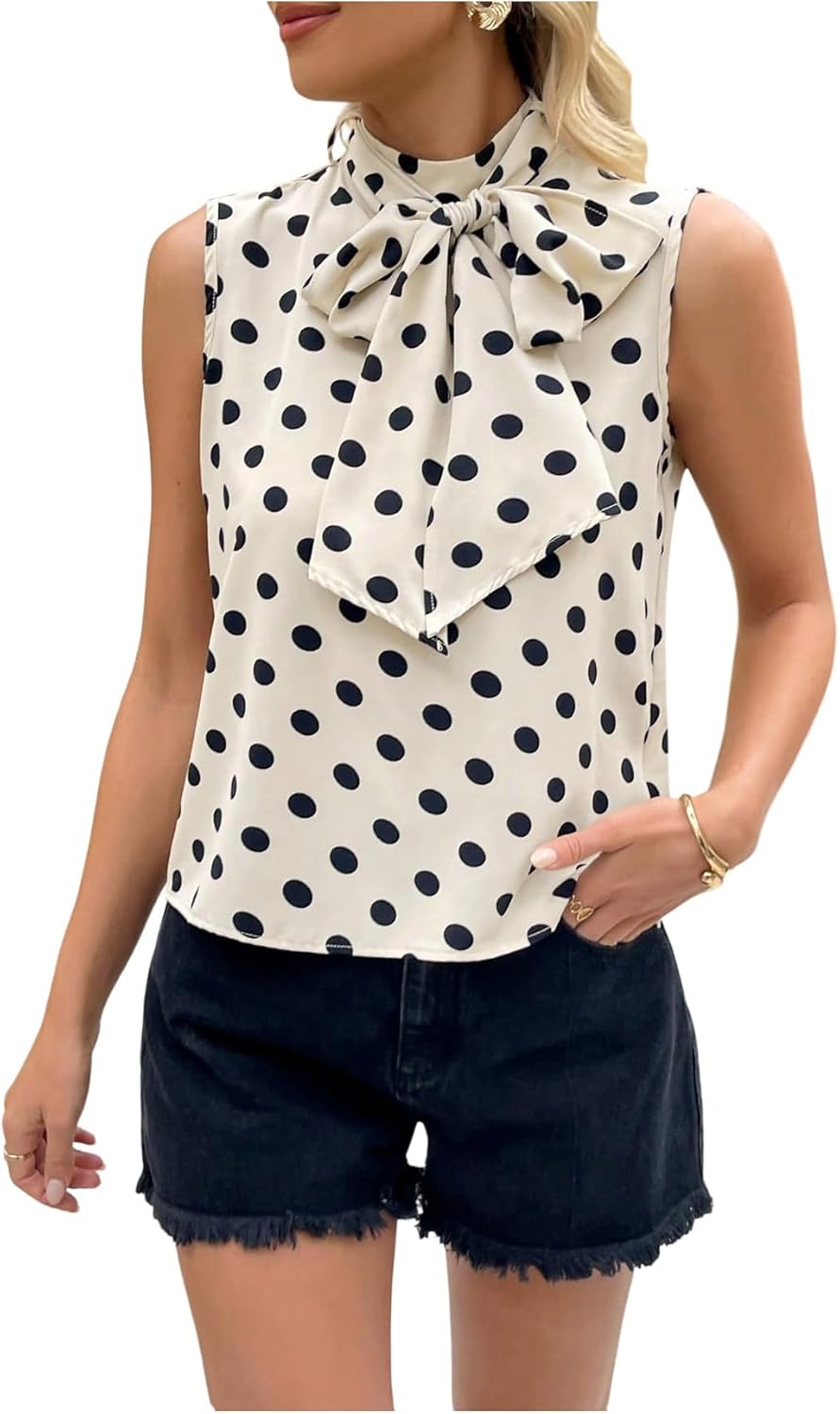 Floerns Women's Summer Dressy Tank Top Polka Dots Bow Sleeveless Business Casual Tops Blouses Office Work Shirt
