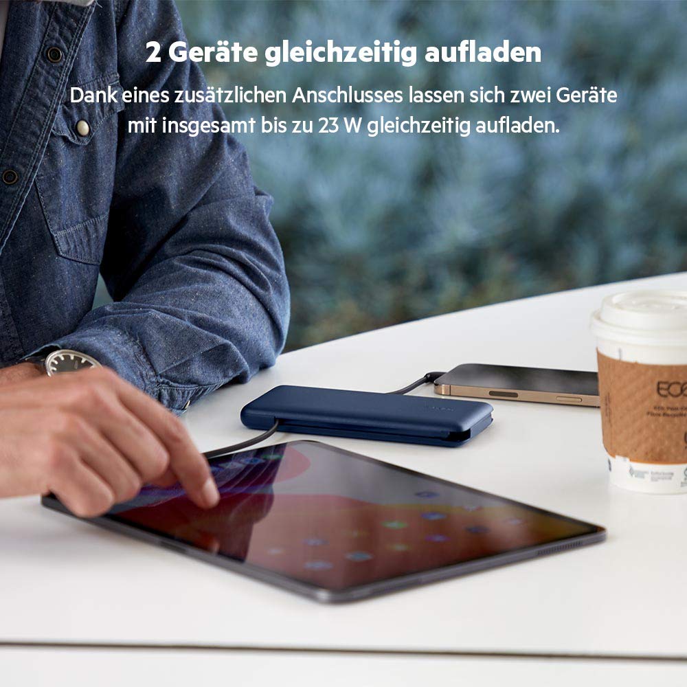 Belkin BOOSTCHARGE Plus 10K tragbares Ladegerät und Powerbank (10.000 mAh mit integriertem Lightning- (MFI) und USB-C-Kabel und zusätzlichem USB-C-Ladeanschluss) – Blau