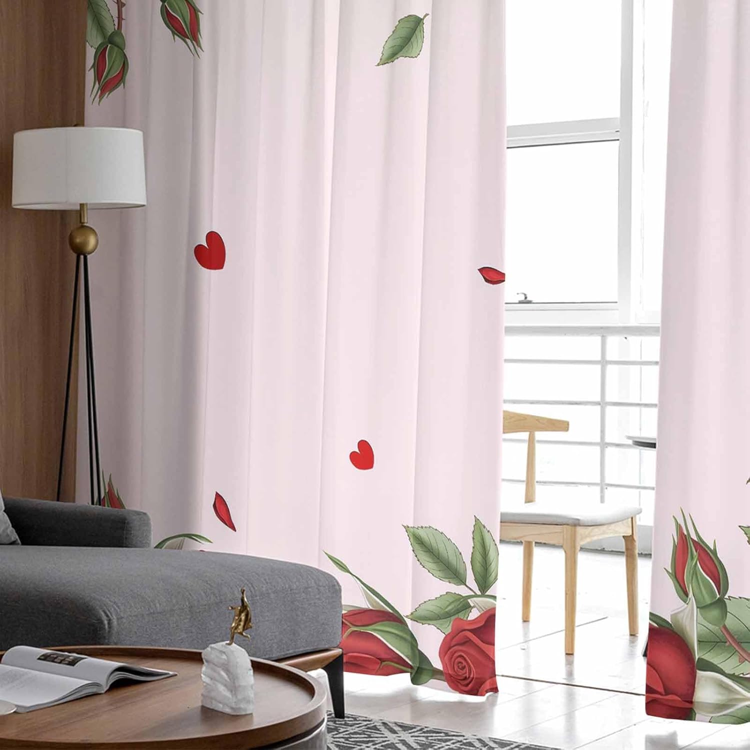Valentine's Day Sheer Curtains 96 Inches Long Valentine's Day Red Rose Romantic Pink Curtains Rod Pocket Semi Sheer Panels Polyester Living Room Curtains Window Treatment, 2 Panels, 52x96 Inch