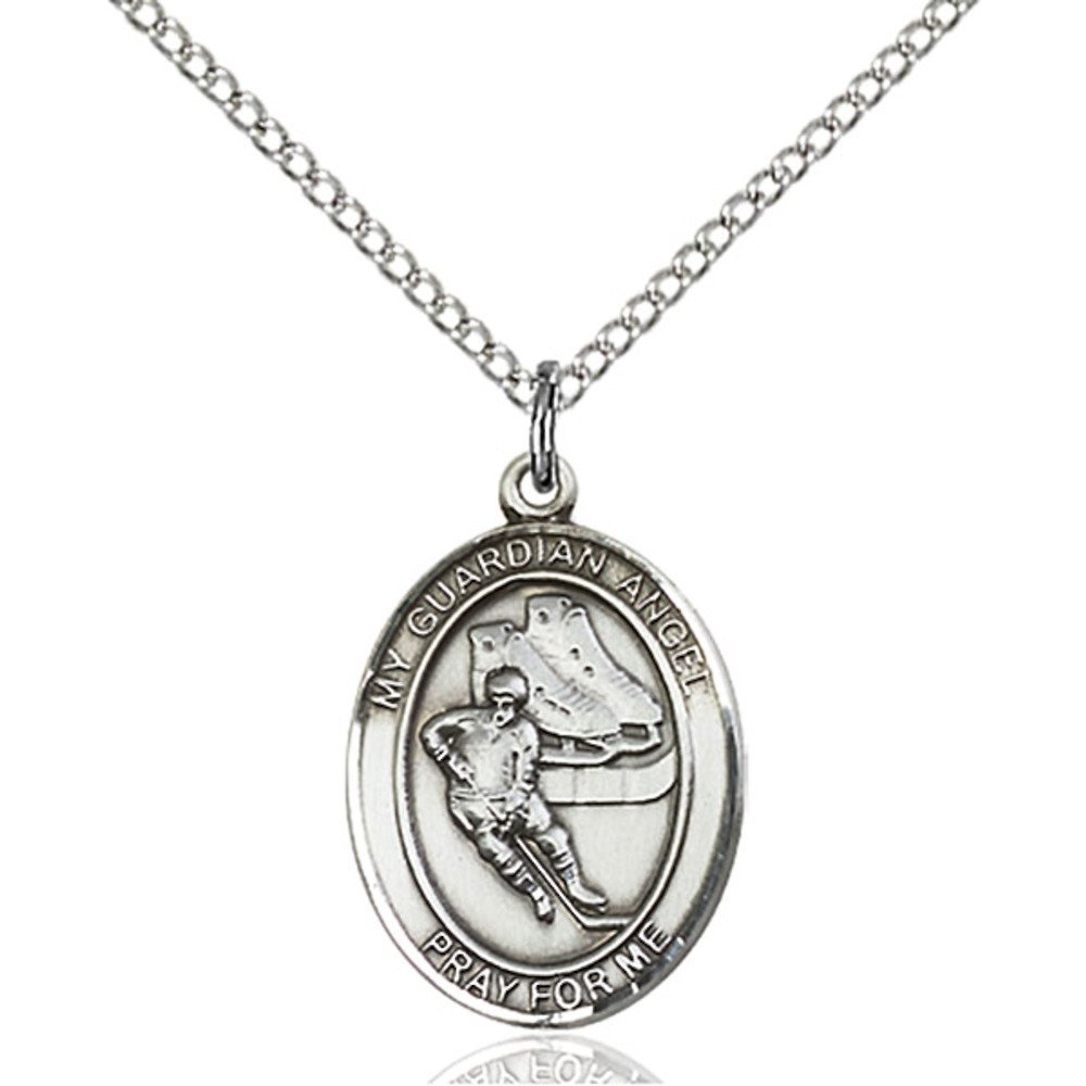 Bonyak Jewelry Saint Medal Collection Sterling Silver Guardian Angel/Hockey Pendant 3/4 x 1/2 inches with 18 inch Sterling Silver Curb Chain