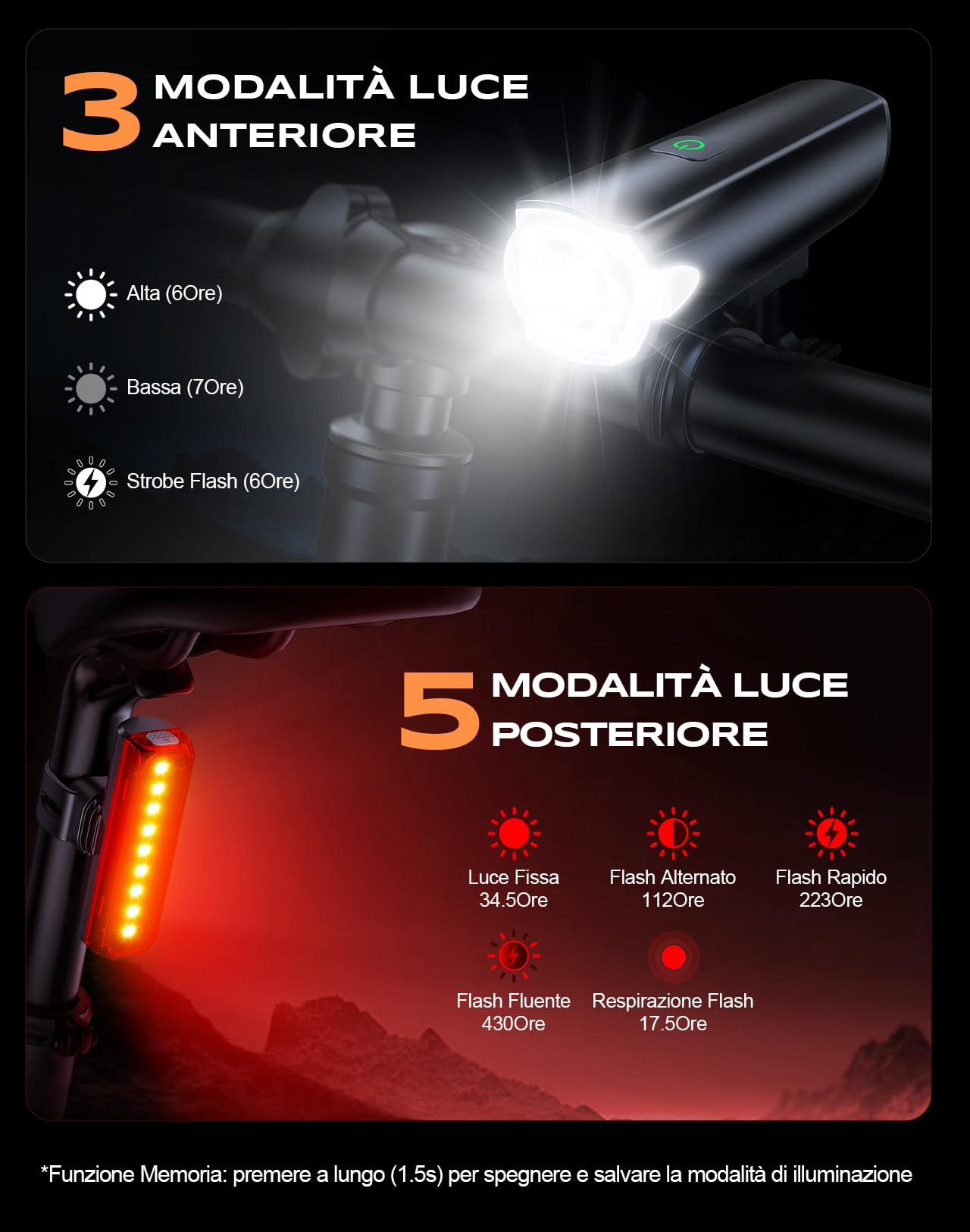 CIRYCASE Luci Bicicletta LED 1200 Lumen, 2600mAh Luce Bici Ricaricabile USB Lunga Durata, 3+5 Modalità Luce Set Anteriore Posteriore Ciclismo Montagna, IP65 Impermeabile Auto Luci Avviso Emergenza
