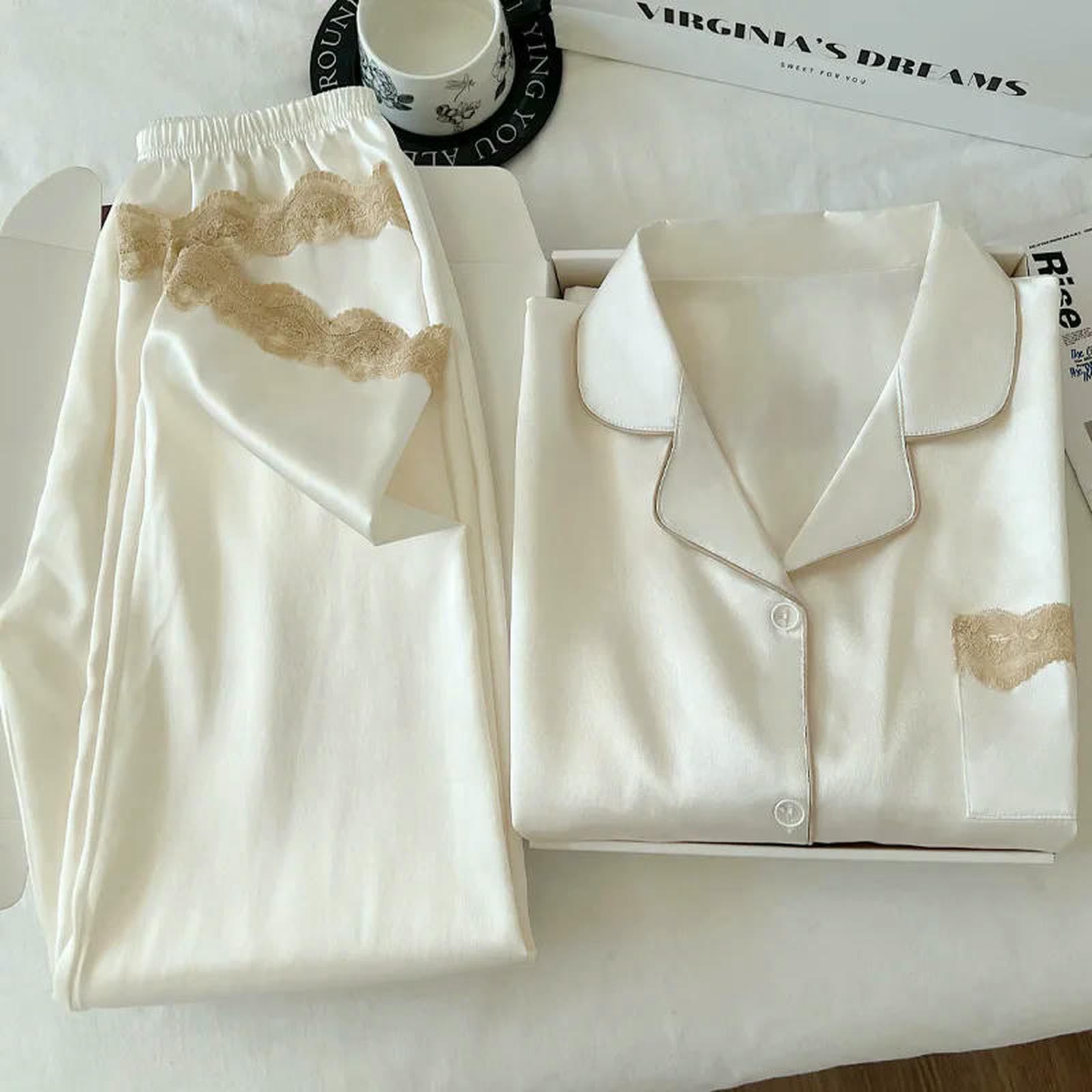 Pigiama Set di Indumenti da Notte Donna in Seta Ghiaccio Primavera Autunno con Bordi Pizzo E Maniche Lunghe-gg2371-l