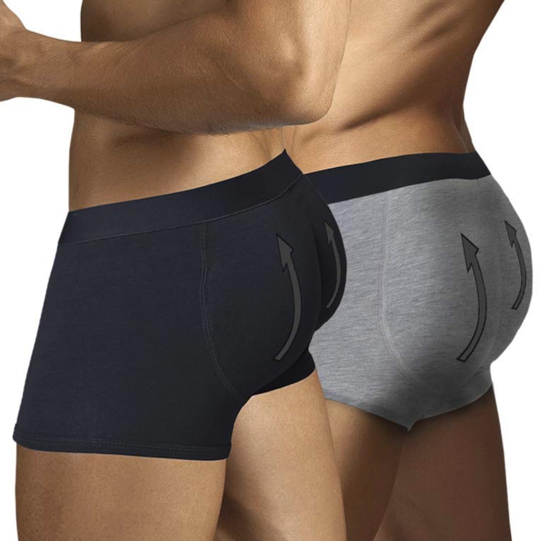 ARIUS Pack 2 Calzoncillos Boxer con Relleno Trasero para Aumentar el Volumen y tamaño de glúteos y Levantar. 1 en Color Negro y 1 en Color Gris - Push up y Relleno de Nalgas