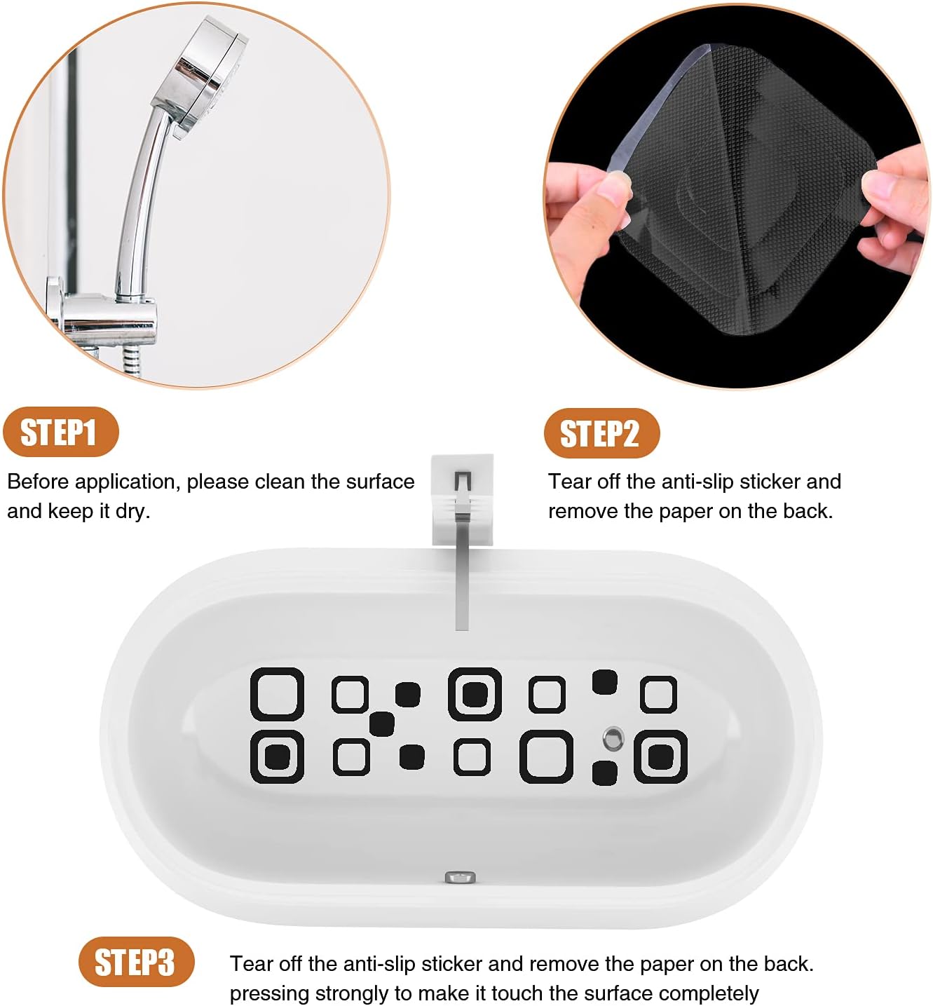 Secopad Square Non Slip Bathtub Stickers with Scraper, 24PCS, Black | Original Large Anti-Slip Treads, Comfortable PEVA Material, Strong Adhesive, Easy to Use, For Bath Tubs, Showers & Stairs