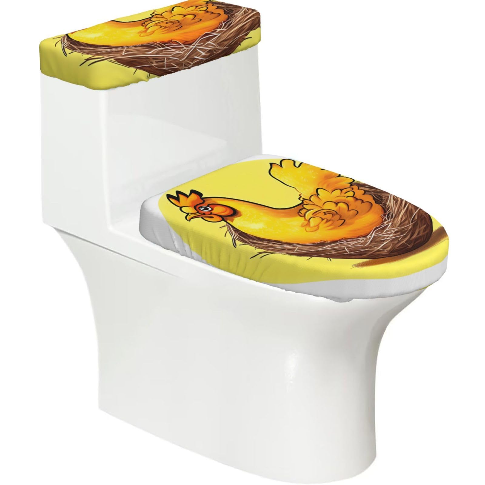 Cntdbu Black Bird's Nest Golden Chicken Stretchy Toilet Lid And Tank Cover Set-Soft Elastic Bathroom Decor For U Shape Oval