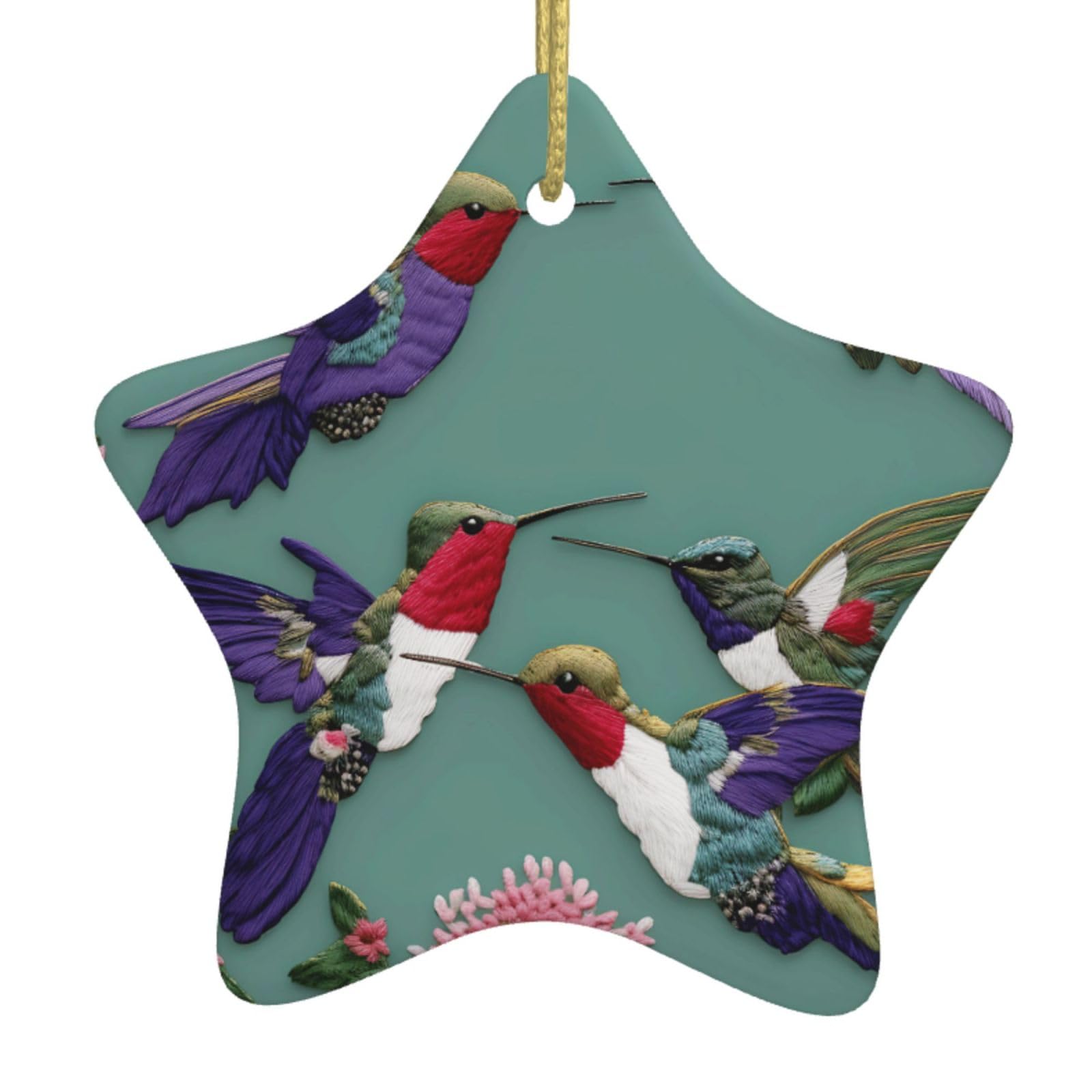Nbtghga White Flower Hummingbirds Embroiderys Print Christmas Ornaments, Ceramic Hanging Ornament, Round Shape Decorations