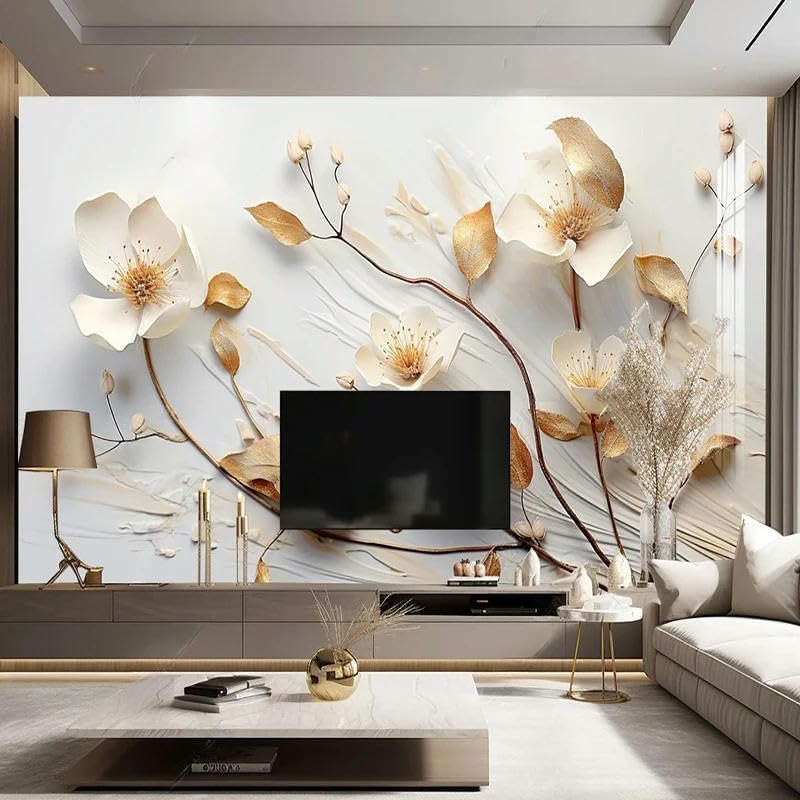 3D風ツリー壁紙、ブラウンベージュトーンの花柄壁画、剥がして貼れる
