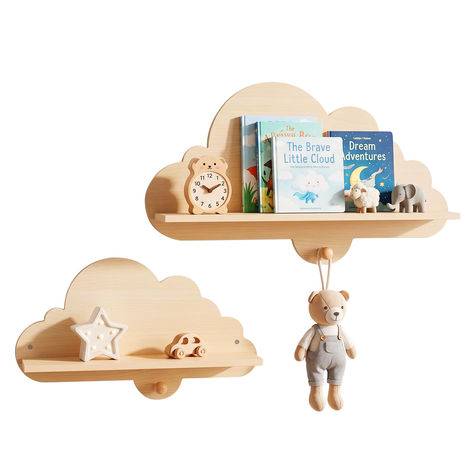 COSTWAY Lot de 2 Étagère Murale Enfant en Forme Nuage, Étagère Livre Enfant en Bois, Bibliothèque Flottante Montessori pour Livre Jouet pour Chambre Salle de Jeux (Naturel)