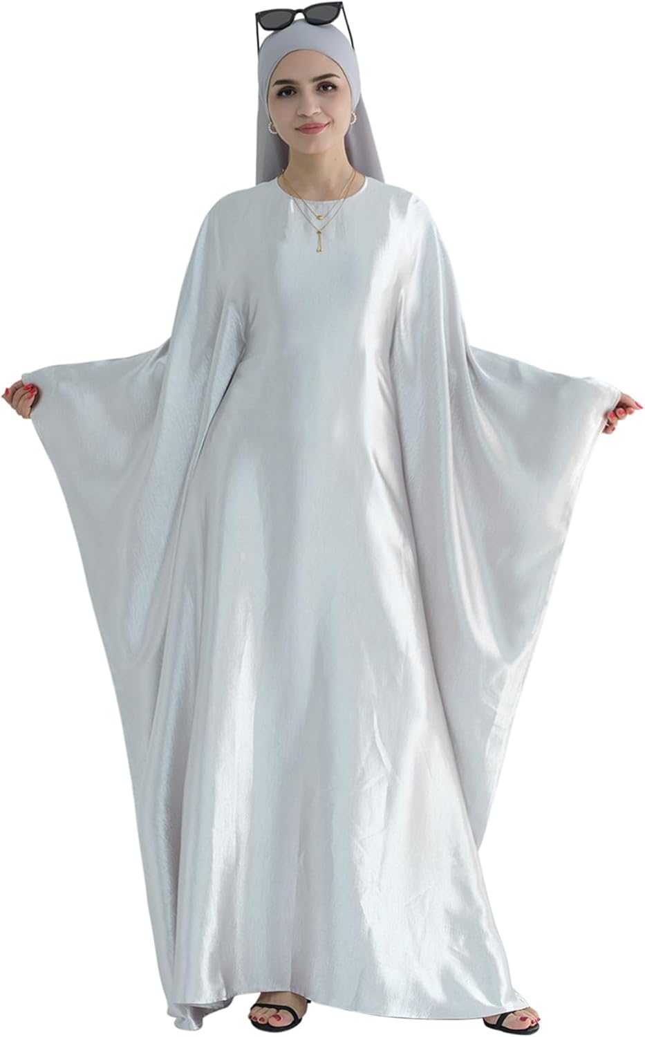 Abaya Muslim Dress Women Satin Prayer Dress Batwing Long Sleeve Middle East Arabian Robe with Hijab