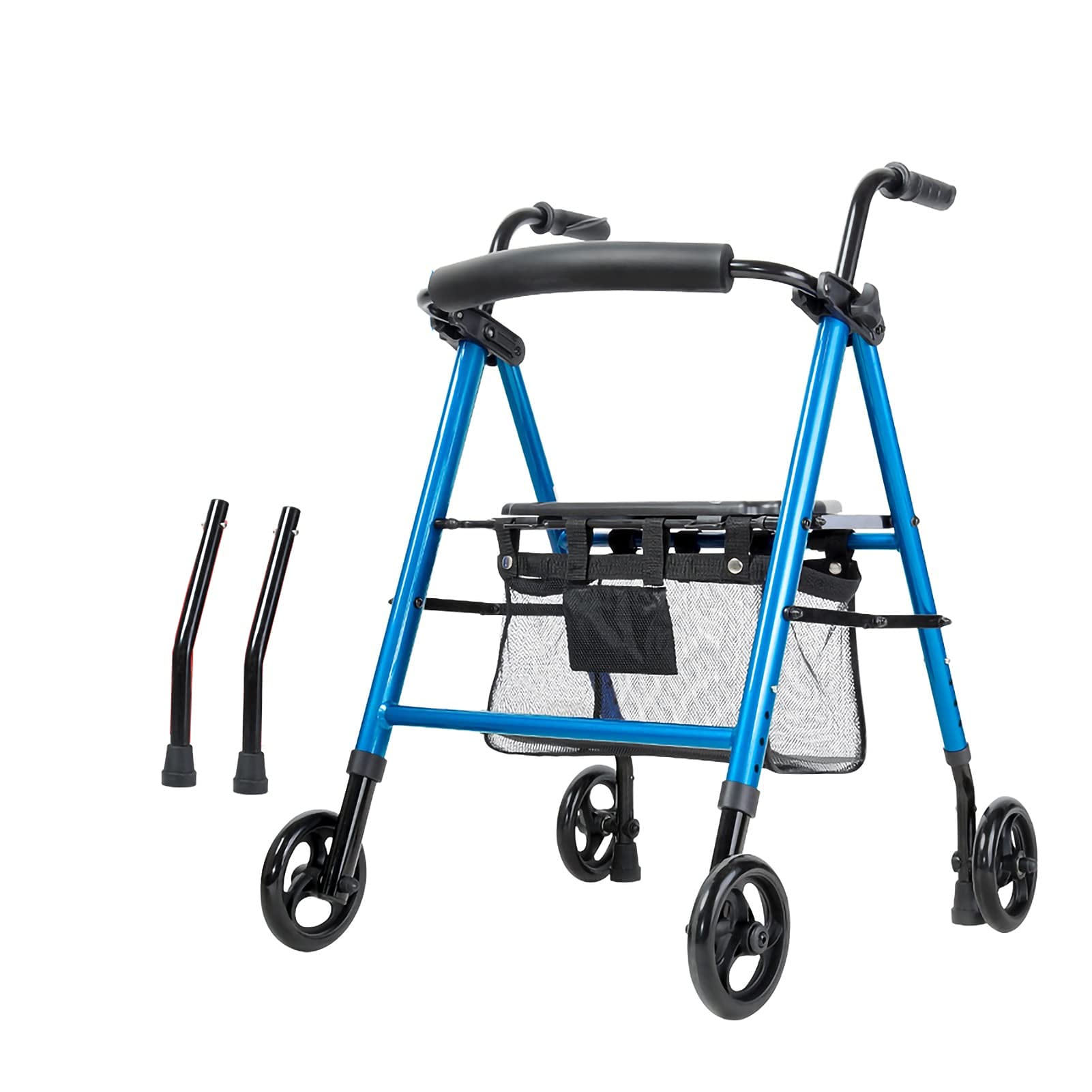 WolFum 4-kołowy Rollator Walker Oparcie i kosz pod siedziskiem Lekka składana aluminiowa rama Pomoc w poruszaniu się podczas chodzenia Koła obrotowe Niebieskie (niebieskie koło kierunkowe) Podwójny