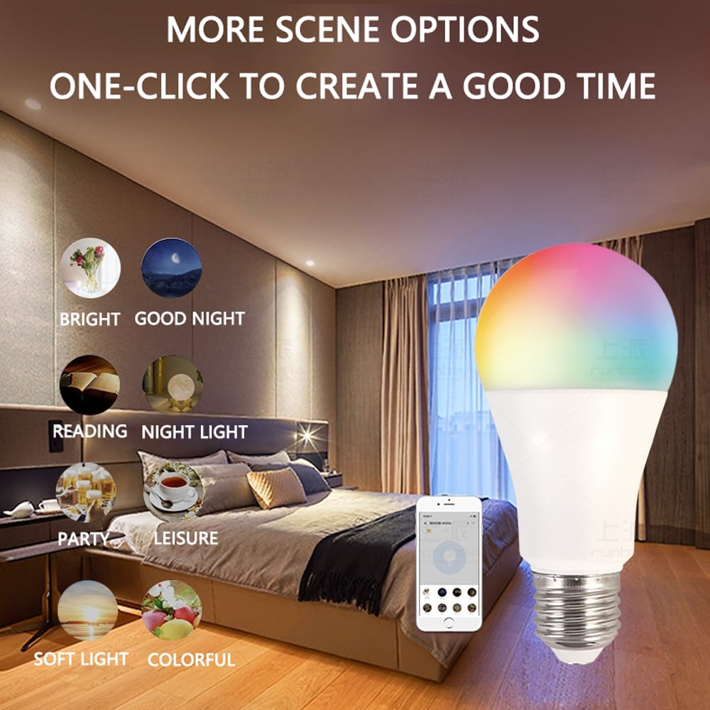 Lot de 10 ampoules LED 9/12 W à changement de couleur E27, RVB Smart WIFI 7 couleurs, ampoule à intensité variable assortie au téléphone portable, peut être connectée au haut-parleur, minuterie
