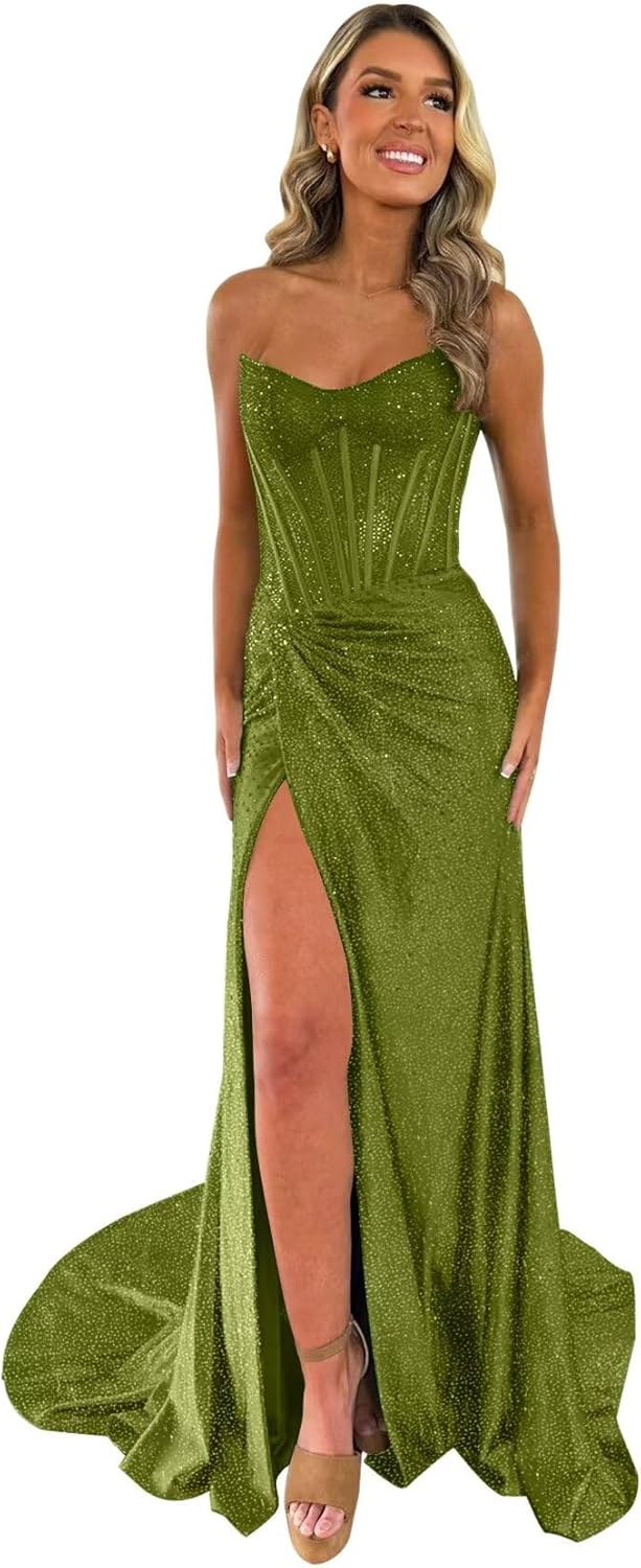 Strapless Sequin Prom Dress with Slit 2026 Mermaid Beaded Corset Formal Evening Gown