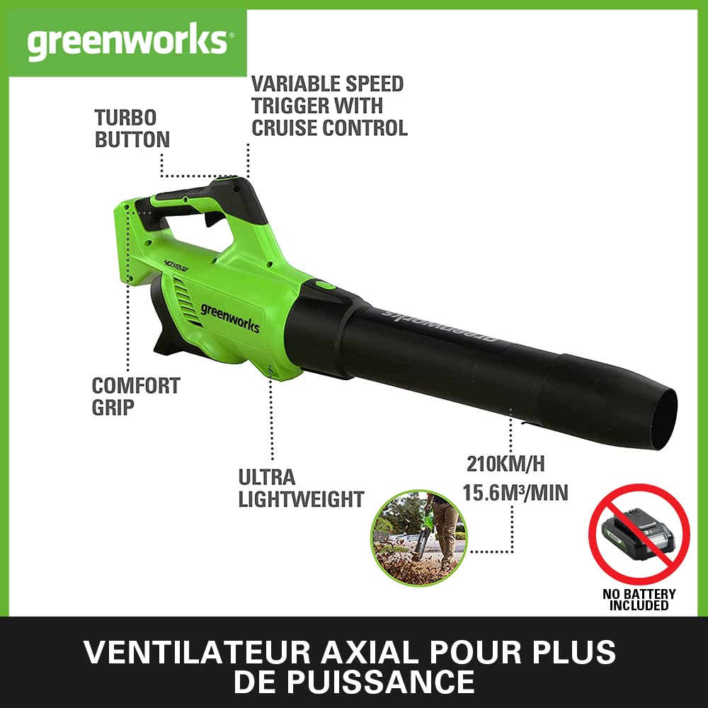 Greenworks GD40AB Souffleur à Batterie Axial de Feuilles Mortes Sans Fil, Régulateur de Vitesse, Moteur Sans Balais, 210km/h, 15,6 m³/min, Fonction Turbo, SANS Batterie Ni Chargeur 40V, Garantie 3 Ans