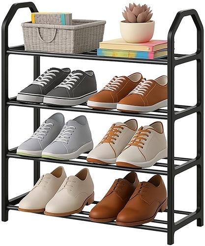 Sapateira Vertical 4 Andares Compacta Organizador de Sapatos Multiuso Estrutura Reforçada Plástico PP e Tubos Ideal para Quartos Closets Corredores Lavanderias Armazenamento Calçados (Pretaa)