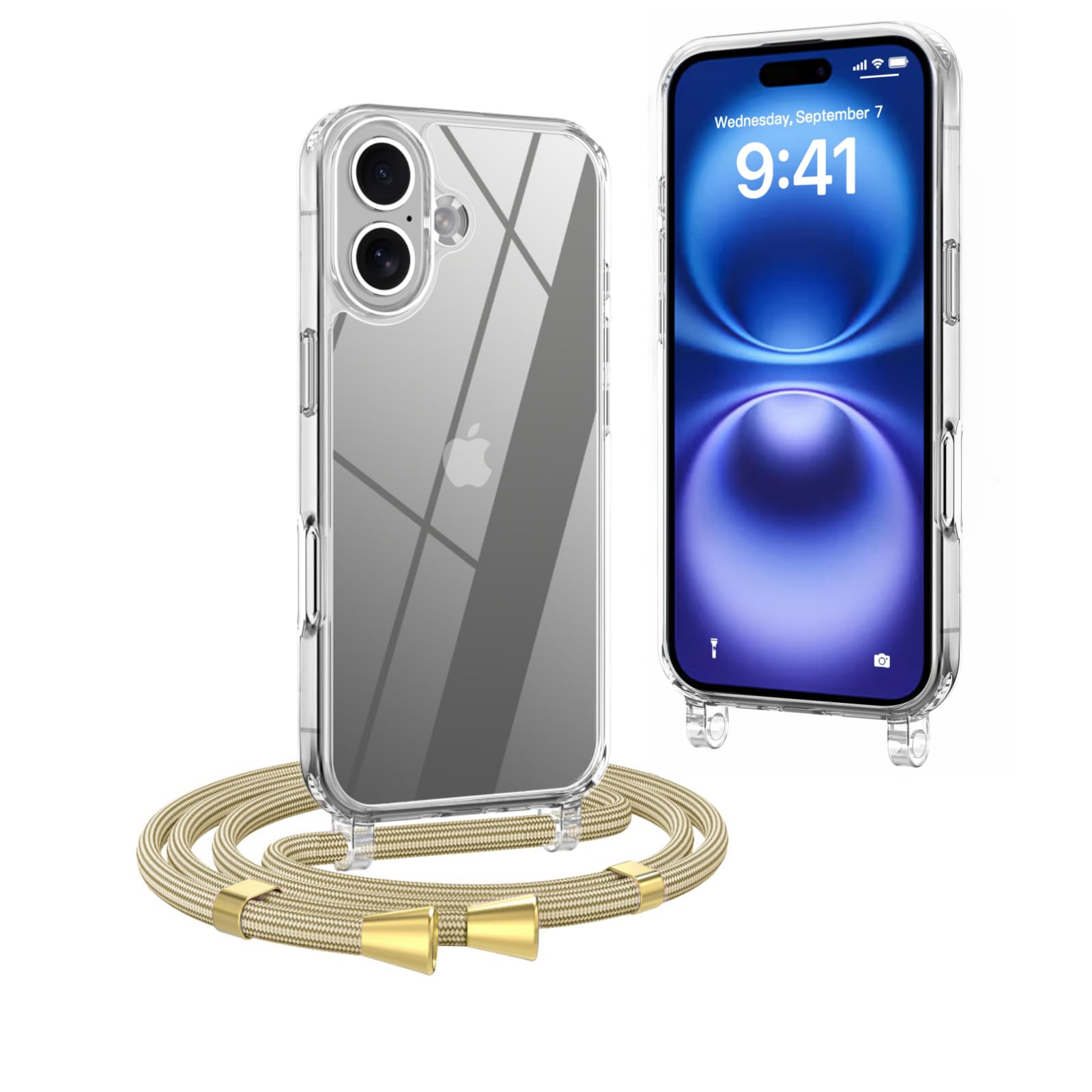 OLEPHY Trasparente Cover con Cordino per iPhone 16 Plus 6,7'', Custodia con Regolabile Collana, [Antiurto] [AntiGraffio] Case con Laccio Tracolla, Beige