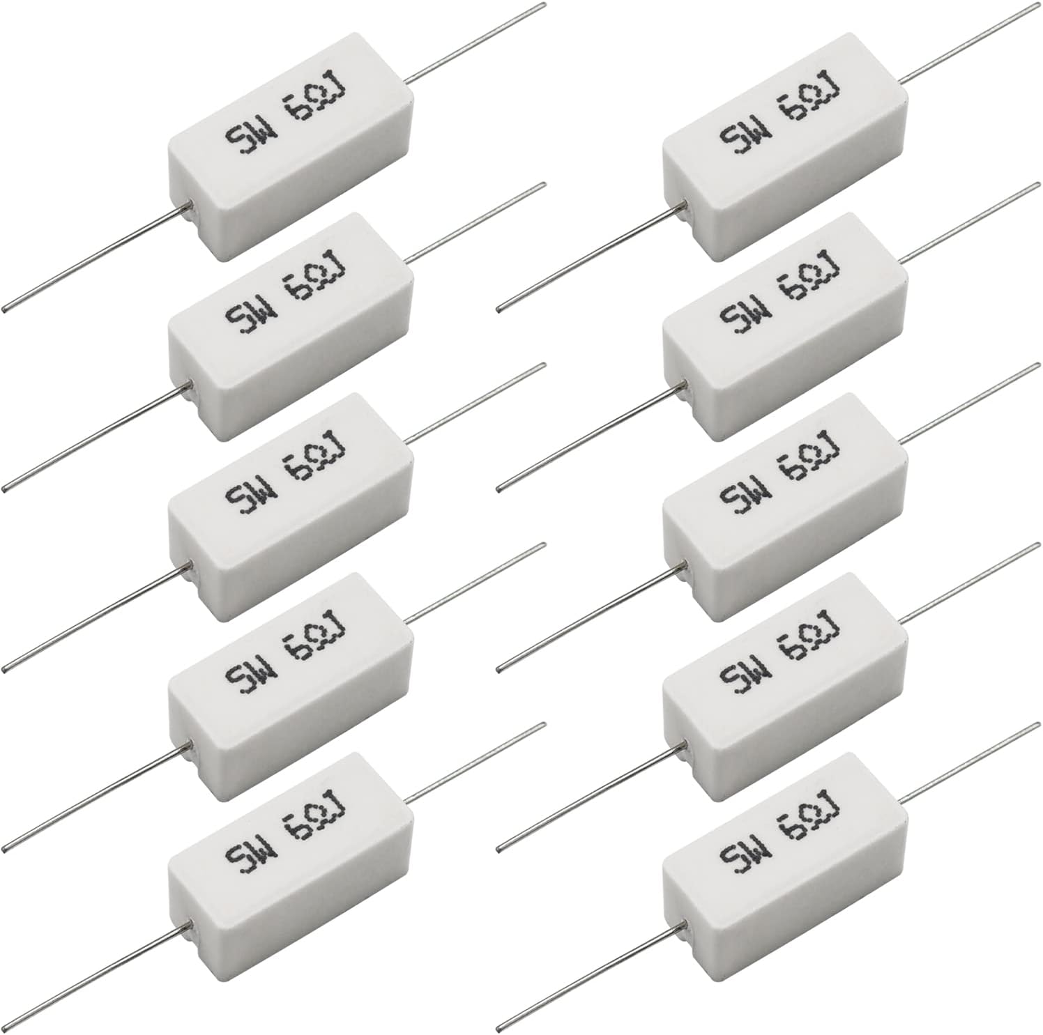 Cement Resistors, 10 PCS 5W 5% Axial Lead Wire, White Wound, Fixed Ceramic, Power Resistors, Flame/Heat/Moisture Resistant, Precharge Horizontal (5W 6J)