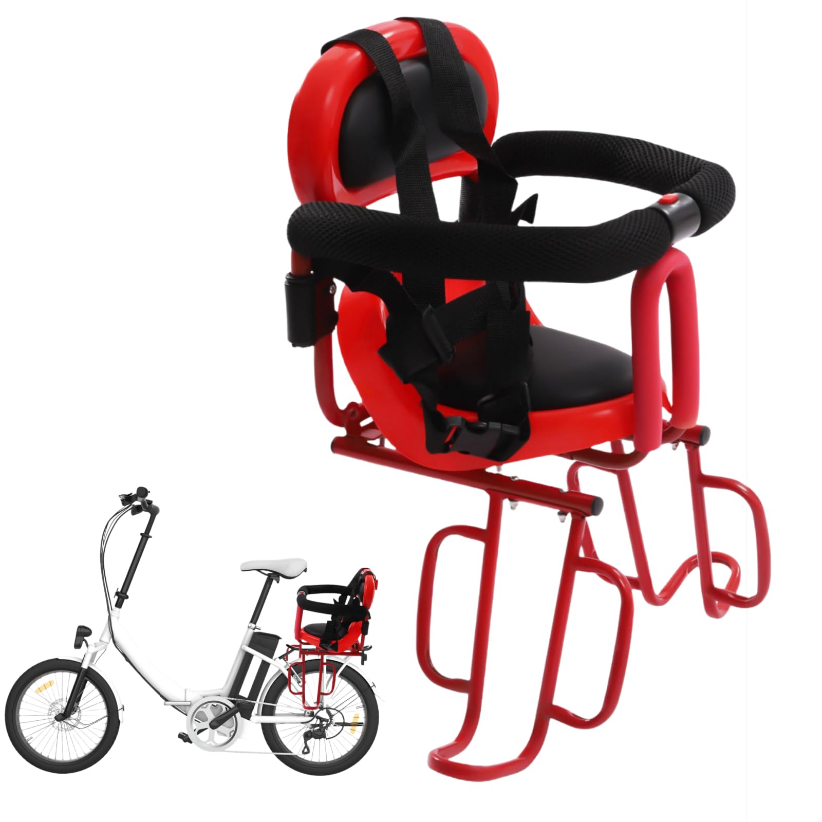 Emmliy Rear Kids Bike Seat, Child Bike Seat Attachment for Adult Bike Mountain Bike and City Bicycles with Seat Cushion, U-Shaped Removable Guardrail and Wide Footrest, 6 Months -6 Years Old (Red)