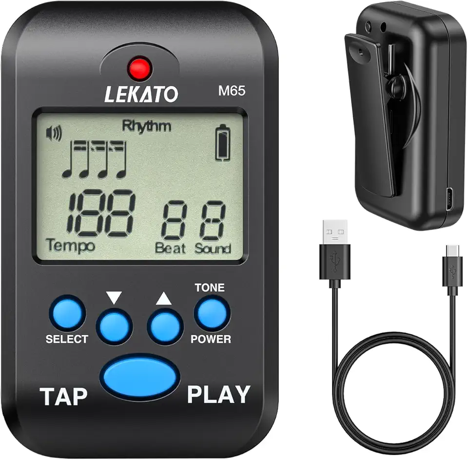 LEKATO Metrônomo digital, mini metrônomo eletrônico LCD recarregável, voz humana, clipe, 10 sons de batida, volume ajustável, metrônomo M65 portátil para piano, guitarra, flauta, violino, bateria
