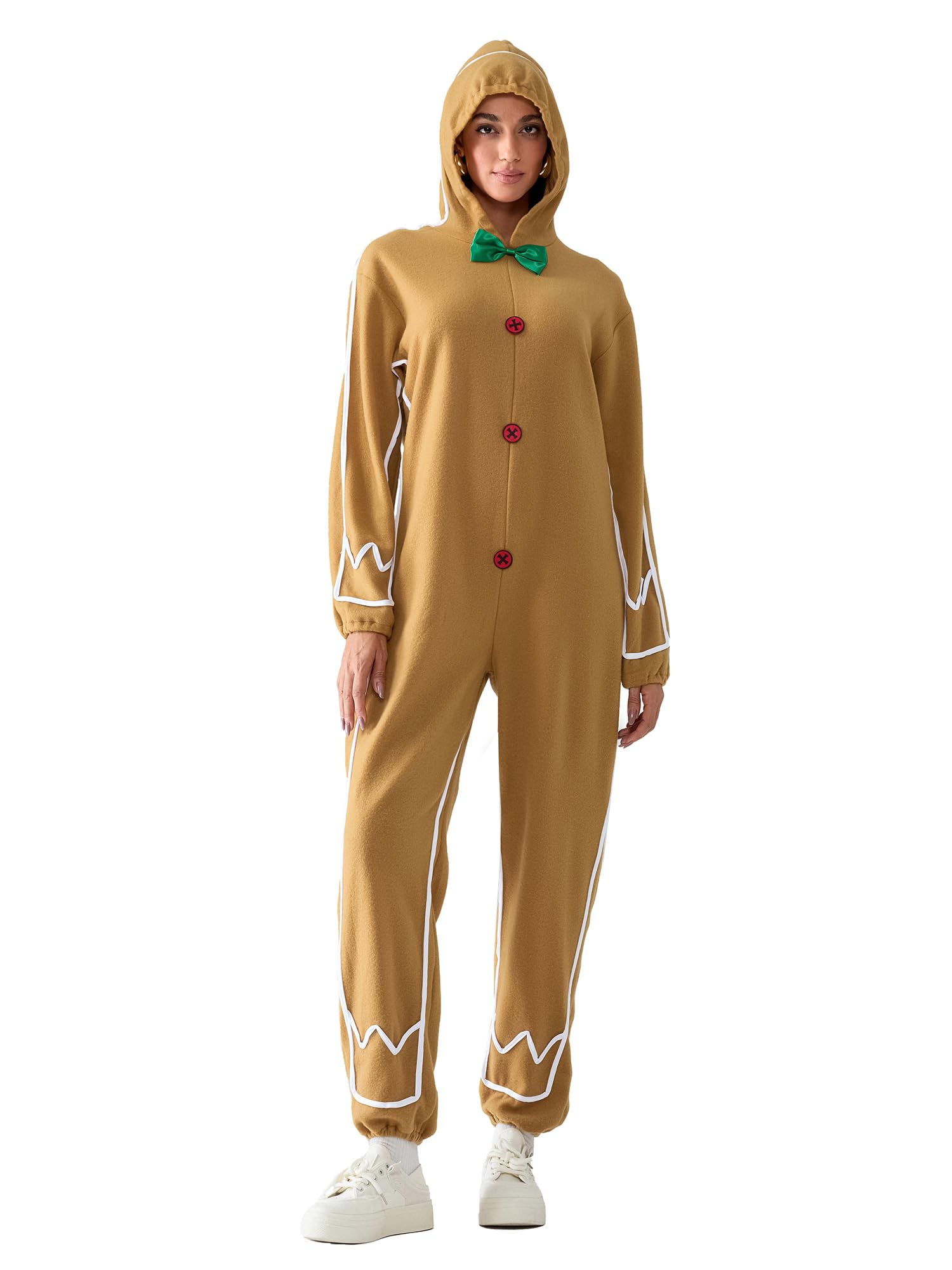 Anuedgis Christmas Gingerbread Man Costume Adult Funny Long Sleeve Hooded One Piece Jumpsuit for Xmas Cosplay Theme Party (B-Yellow Women, L)