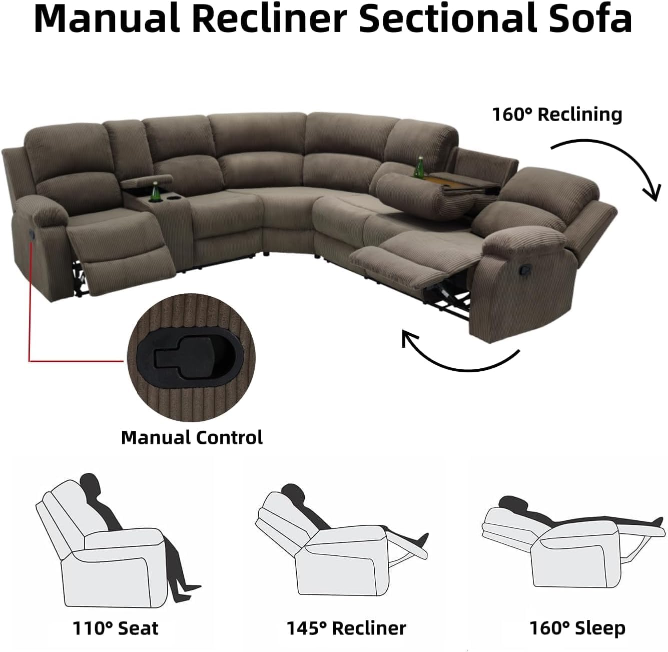 Corduroy Secitonal Couch with Recliner, Manual Reclining Sectional Sofa and 2 Chairs Set, 8 Seater Living Room Furniture Set with Cup Holders&Storage for Home Theater (Peanut)
