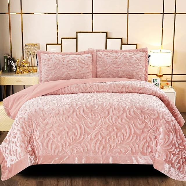 B&B Luxury Velvet Quilted Bedspread King Size Bedding Set 3 Piece with Matching Shams - Super Soft Warm Quilt Blanket for Bedroom Decor for Teen Girls - Pink