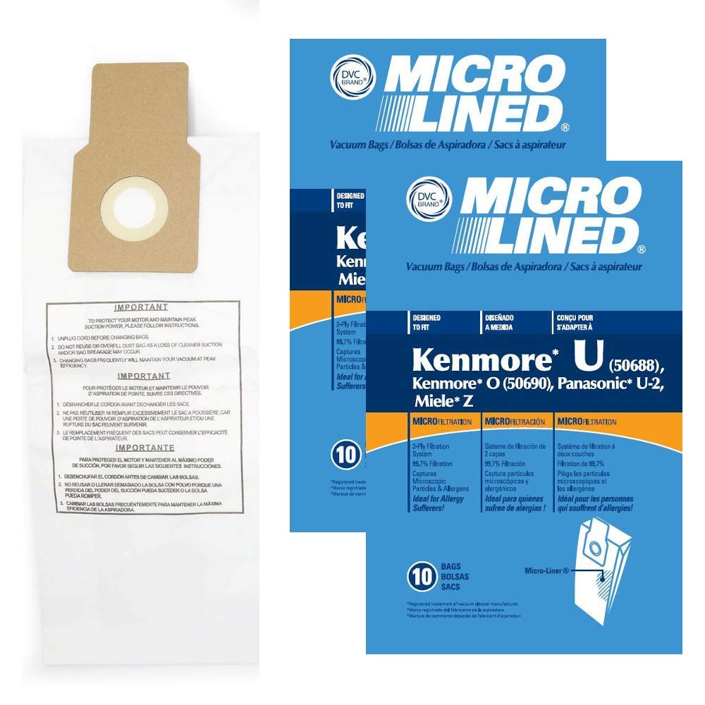 DVCReplacement Micro-Lined Paper Replacement Bags | For Kenmore Style U, Style O, 50688, 50690, Panasonic U2, Miele Z and Other Bagged Uprights Made Since 1995 | 20 Pack